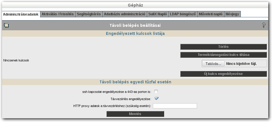 GÉPHÁZ Távoli belépés beállításai Ha igénybe szeretné venni a SuliX terméktámogatás segítségét, akkor az Engedélyezett kulcsok résznél kapcsolja be a Terméktámogatási kulcs engedélyezése funkciót.