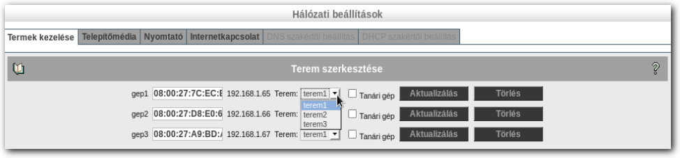 BELSŐ HÁLÓZAT 9.5 Gépek mozgatása a termek között A SuliXerveren lehetősége van a terembe felvet számítógépeket áthelyezni egy másik terembe.