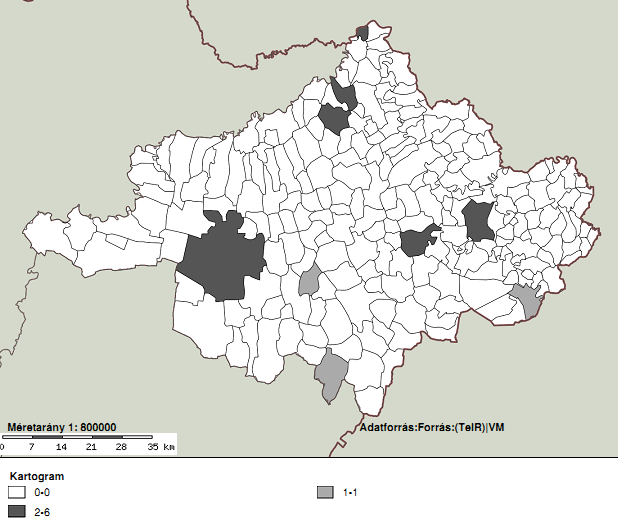 46. ábra Kármentesítés Szabolcs-Szatmár-Bereg megyében Település közigazgatási területére eső objektumok száma B2 adatlap (tényfeltárást rögzítő