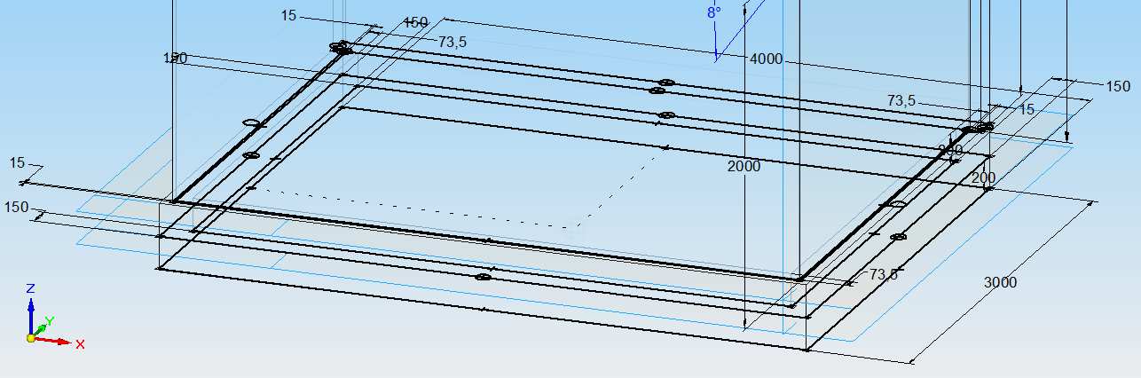 Elöl és oldalt a betonkoszorú felett üveg található, 15 mm vastag, felül pedig ugyanígy 15 mm vastag üveglap fedi, mely a vízszintessel 8 -os szöget zár be. A 9.