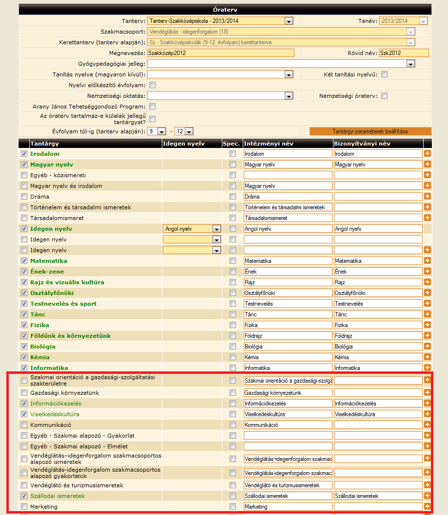 Az óratervekhez szükséges szakágazat meghatározása, mivel a 2013 előtt központi programokban a pályaorientációs, valamint szakmai előkészítő tantárgyak szakmacsoporttól függőek voltak.