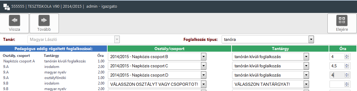 Nyilvántartások Ha törölnek egy tantárgyfelosztásban felvitt foglalkozást, akkor a későbbiekben a pedagógusnak nem lesz lehetősége ehhez a foglalkozáshoz értékeléseket vagy beírásokat rögzítenie.