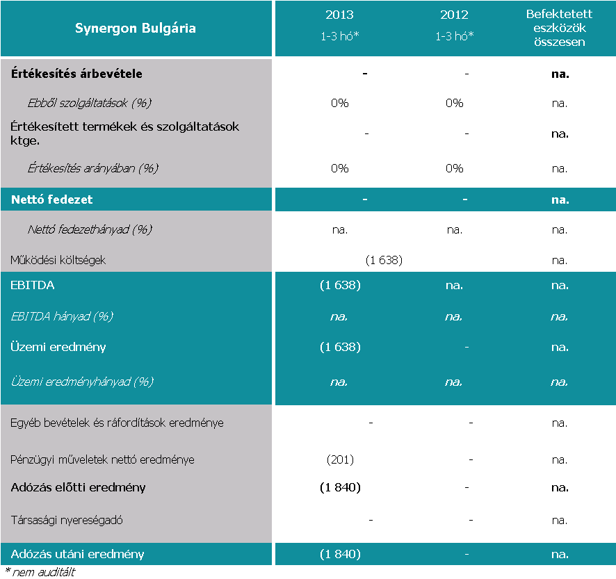SYNERGON Invest Bulgária EOOD (bolgár leányvállalat) eredménye A SYNERGON Invest Bulgária EOOD a SYNERGON Informatika Nyrt. 100%-os tulajdonában álló, 2012-ben alapított bolgár leányvállalata.