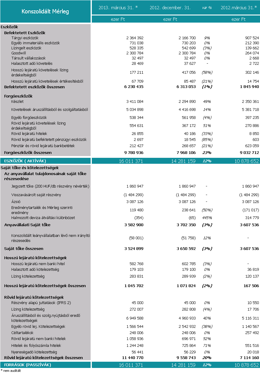 Synergon Csoport mérlegváltozások bemutatása A Csoport konszolidált mérleg főösszege 2013.