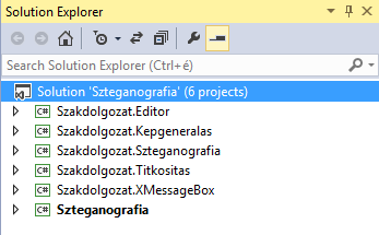 7. A megvalósítás részletei 7.1. A projekt részletei Az elkészült program 6 db projektből áll össze. Ezek a következők: 11. ábra. A program felépítése Szteganografia: a főprogramot tartalmazó projekt.