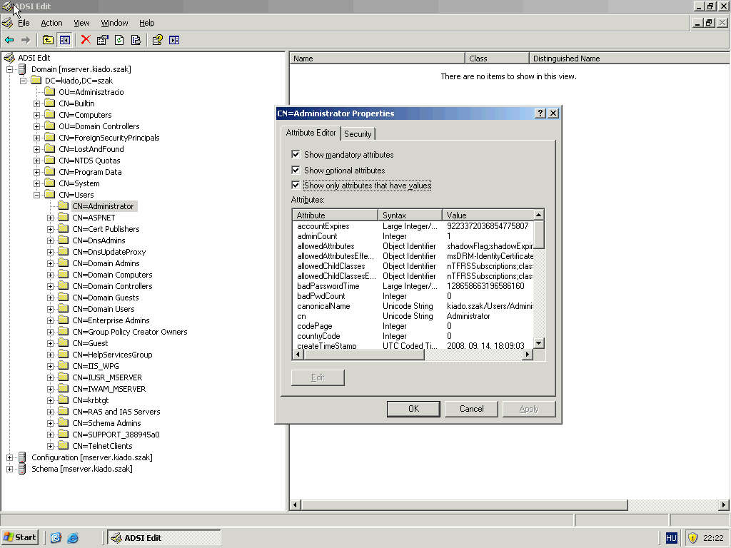ADSI Edit Support tools része. Advanced felhasználóknak ajánlott. Futtatás\adsi edit.