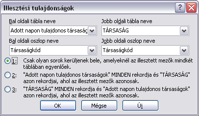 ADATBÁZIS DEFINIÁLÁSA ÉS KEZELÉSE 45 Kiegészítés: Mezı: Azonos-tulajdonos Szerzıdésszám Tábla: TÁRSASÁG TULAJDONI RÉSZ Rendezés Megjelenítés: Feltétel: vagy: [TULAJDONI RÉSZ].