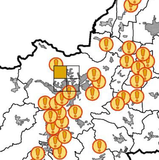 1.18.1.2 Csúszás-, süllyedésveszélyes területek 63. térkép: Földtani veszélyforrás által érintett települései Forrás: Megyei Környezetvédelmi Program Ökológiai Intézet 1999.