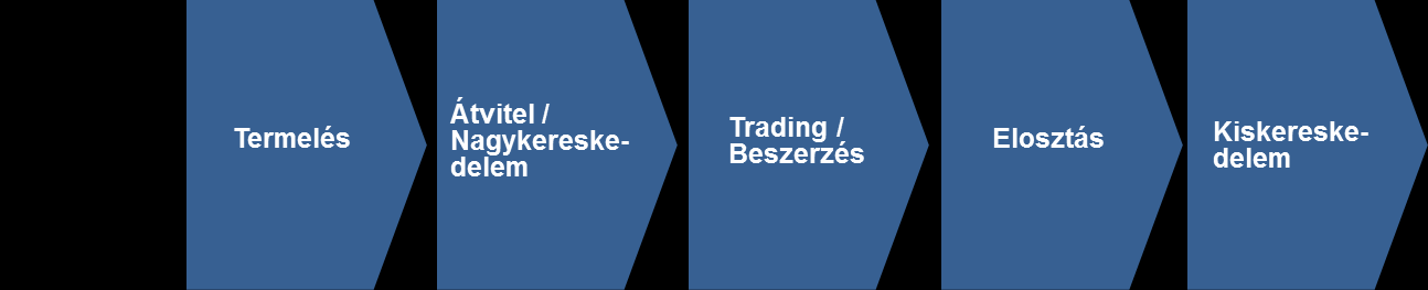 1. ábra A villamosenergia-piaci értéklánc (Forrás: saját szerkesztés) Ehhez a rendszerhez kapcsolódik szorosan a szabályozói környezet.