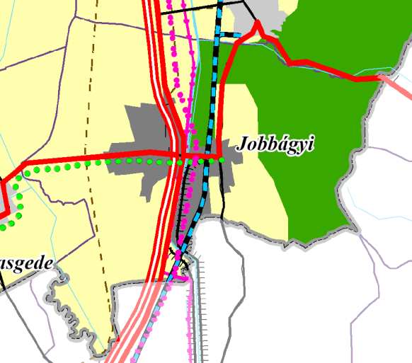 JOBBÁGYI TELEPÜLÉSRENDEZÉSI ESZKÖZÖK 138 ALÁTÁMASZTÓ MUNKARÉSZ Mivel a településszerkezeti terven ezt a főutat ábrázolni kell, egy módosított nyomvonal felvázolása vált szükségessé.