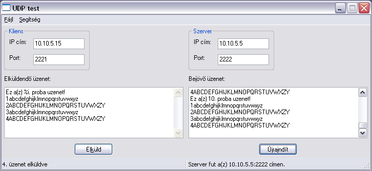 55 8.8. ábra. Az UDP test program A bal oldalon található egy UDP kliens: a megadott IP címre és annak megadott portjára elküldi a szövegdobozban található szöveget.