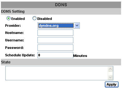 F-1. DYNDNS.ORG DDNS SETTING - DYNDNS.ORG PROVIDER: Select dyndns.org HOSTNAME: The registered hostname in DYNDNS.ORG. USERNAME: The registered username in DYNDNS.