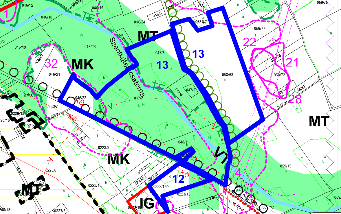 12. Szennyvíztisztító mellett 0223/19 hrsz-ú telken víztározó kijelölése.