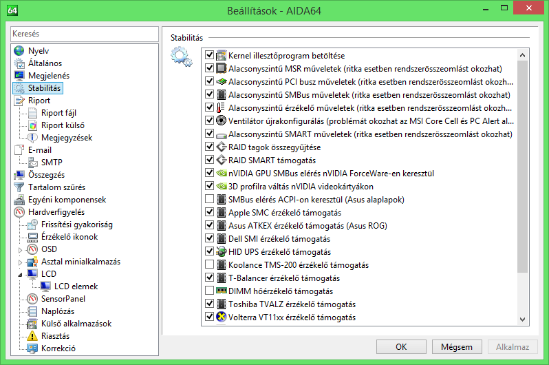 Beállítások STABILITÁS Ezen az oldalon az AIDA64 alacsony szintű hardverdetektáló moduljait kapcsolhatjuk ki és be. Ezek kikapcsolásával a legtöbb stabilitási probléma kiküszöbölhető.