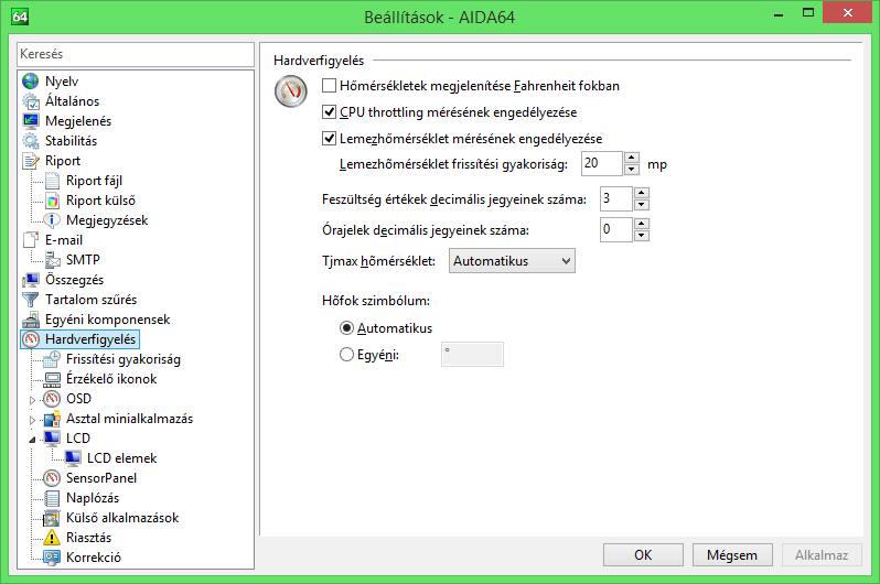 Beállítások HARDVERFIGYELÉS Ebben a menüpontban a hardverfigyeléssel kapcsolatos beállításokat végezhetjük el.
