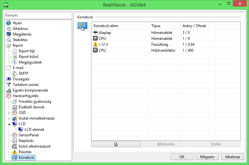 Beállítások 2.10.10 KORREKCIÓ Itt korrigálhatjuk a hardverfigyelő modul által kijelzett érzékelőadatokat.