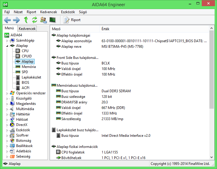 Oldalmenü Alaplap Megtekinthetjük az alaplap tulajdonságait és fizikai információit, valamint a Front Side Bus (FSB), a memóriaés a lapkakészletbusz tulajdonságait, órajeleit.