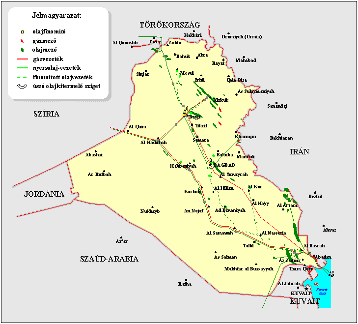 Irak kőolajipari létesítményei Az ENSZ 1996-ban létrehozott olajat élelmiszerért programja értelmében az iraki vezetés 2,6 millió hordó kőolajat exportálhat naponta, amelynek ellentételezéseként az