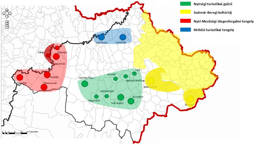 térkép: Szabolcs-Szatmár-Bereg megye növekedési tengelyi, csomópontjai Forrás: Szabolcs-Szatmár-Bereg Megyei Területfejlesztési Koncepció, 2014 Szabolcs-Szatmár-Bereg megyében négy nagy