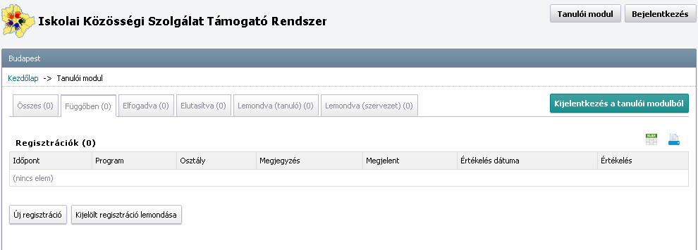 2.5. A Rendszer Tanulói modul felületének ismertetése A bejelentkezés után megjelenő tanulói modul felületén látható, és kezelhető a programokra történő regisztráció.