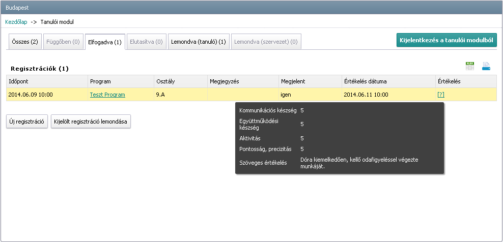 2.6.6. Program lemondása a szervezet részéről Indokolt esetben a szervezet is lemondhatja a programot, ekkor a regisztráció a Lemondva szervezet munkalap oldalára kerül. 2.6.7.