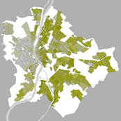 AZ 1945 ELÕTT ÉPÜLT LAKÓHÁZAK ELHELYEZKEDÉSE LOCATION OF RESIDENTIAL BUILDINGS BUILT BEFORE 1945 A sötétebb színek az 1945 elõtt épült lakóházak magasabb arányát jelzik (forrás: KSH 1990).