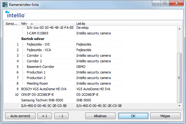Indexlista szerkesztése A Kameraindex-lista ablakban minden egyes kamerához hozzárendelhet egy sorszámot. Élőképes megjelenítés során a sorszám beírásával a kamera képe megjeleníthető.