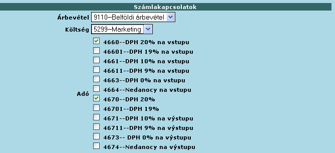 32 Költségszámla Rögzítsük be a partnert, és a cikket vagy a szolgáltatást, amihez a Számlakapcsolatokban a Költség mezőbe válasszuk ki a megfelelőt, példánkban a marketing költséget.