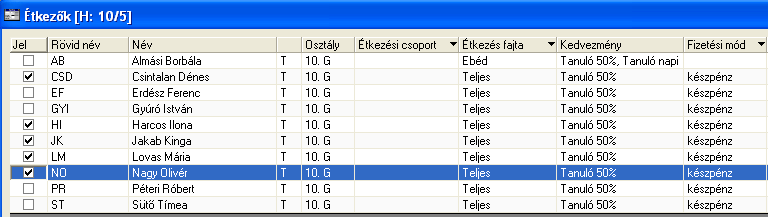 8. Kattintson a Beállít gombra. A feltett kérdésre válaszoljon Igen-nel. A program a táblázatban szereplő valamennyi személyhez beírja a megadott adatokat, és bezárja a dialógust. Az étkezők a 11.