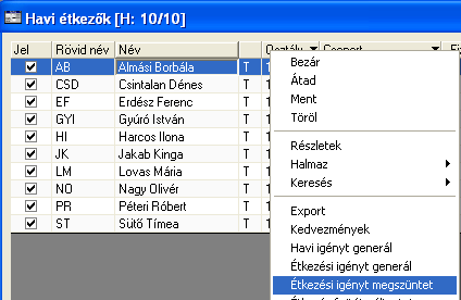 3. A Havi étkezők táblázaton megjelennek a keresett étkezők. 4. Jelölje ki az összes havi étkezőt a Jel feliratra való kattintással, majd kattintson az Étkezési igényt megszüntet parancsra. 5.