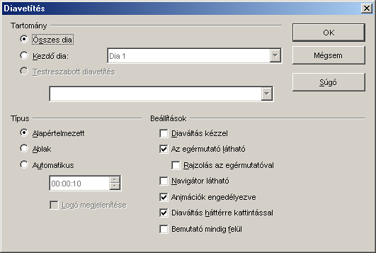 Ábra 130 Alapértelmezetten az összes dia bemutatásra kerül, ezen belül meghatározhatjuk, hogy mely diá val kezdődjön a vetítés.