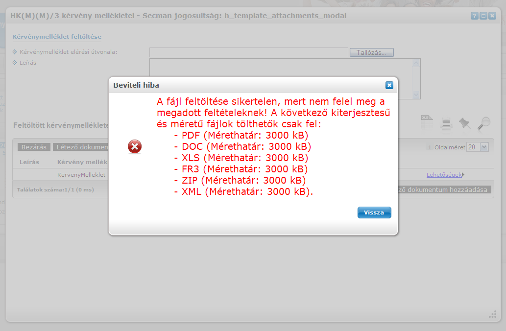 Amennyiben a feltöltendő fájl nem felel meg a követelményeknek akkor a hallgató számára egy visszajelző üzenet jelenik meg.