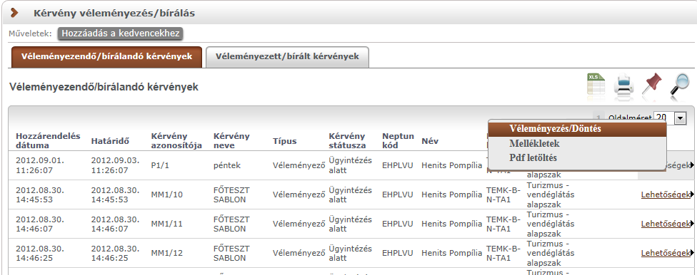 A menüpontban a véleményező/döntő a kiválasztott kérvény sorában a Lehetőségek-re kattintva megtekintheti a kérvényhez csatolt mellékletet, a leadott kérvényt PDF formátumban,