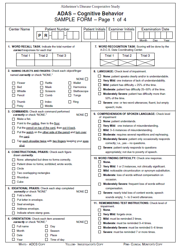 ADAS-Cog 1. (verbal) working memory 2. semantic memory 3. procedural/executive function 4. visuospatial/executive 5.