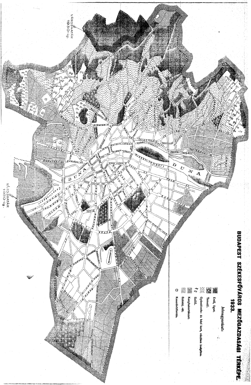 6. ábra: Budapest térképe 1933-ban, a hajdani nagy múltú szőlőterületeknek már csak igen csekély hányada látható a térképen (BODOR 1933).