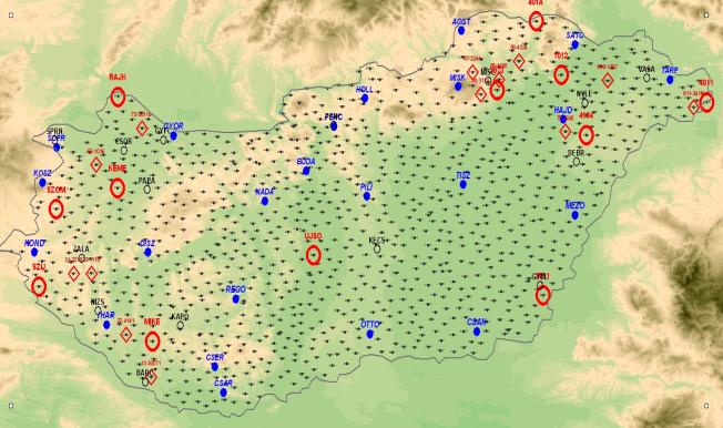 A javasolt geodinamikai tesztmérés pontjai (piros), az MGGA (kék) és a geodinamikai kutatásba bevont hálózat ponteloszlása (fekete).