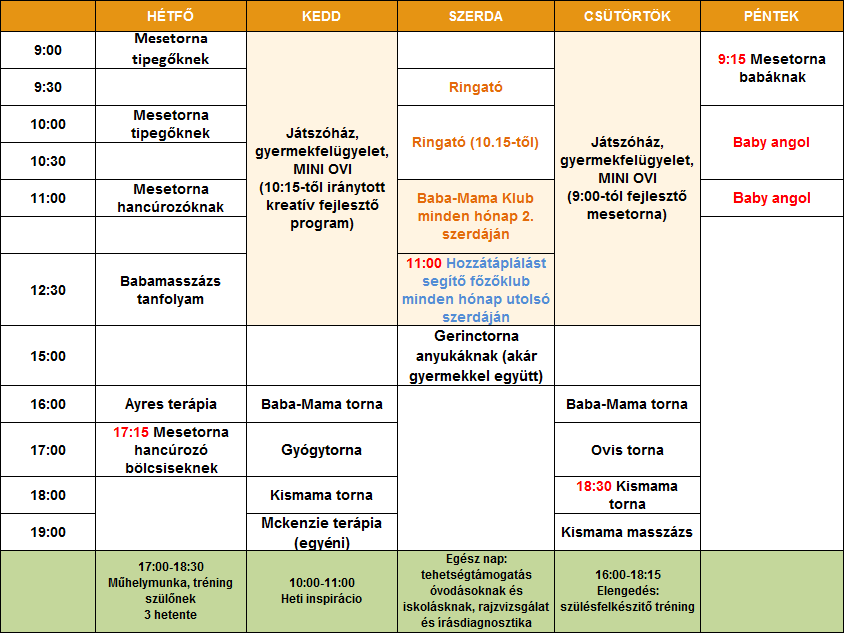 PROGRAMAJÁNLÓ További állandó programok: Logopédia: szerda 14-19-ig, péntek 14-16 óráig Varázsjáték: hétfő 17 óra Heti inspiráció elég jó anyáknak: kedd 11-12, csütörtök 17-18 Novemberi program: