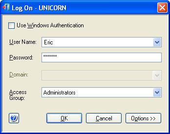 7 Indítsa el a UNICORN szoftvert, és csatlakozzon a rendszerhez. Lépés 2 A Log On párbeszédablakban: Válassza ki a User Name lehetőséget.