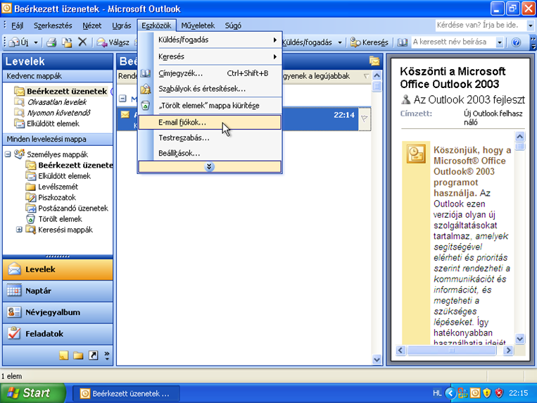 Outlook 2003 e-mail fiók módosítása.