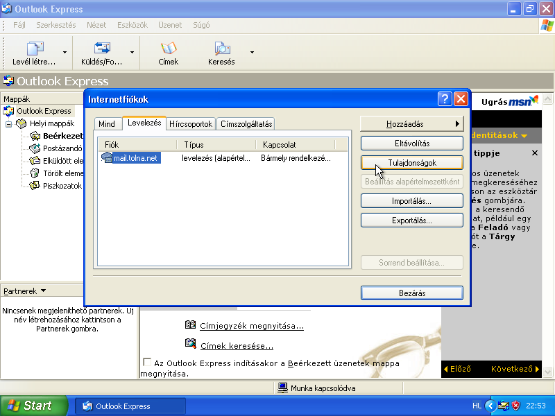 Outlook Express e-mail fiók módosítása. Kattintson az Eszközök Fiókok menüpontra.
