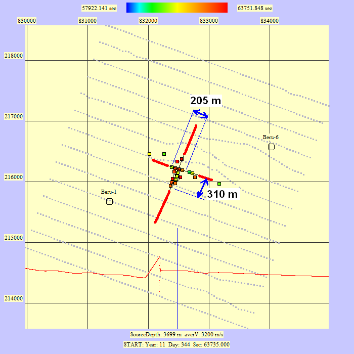 50. ábra: A Beru-4 fúrás környezetében végzett szeizmikus monitoring eredményei 4.3.3.2.
