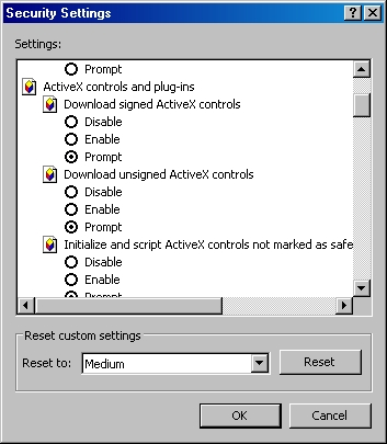 ActiveX beállítások Több csoport 3 opció Disable Enable Prompt Custom