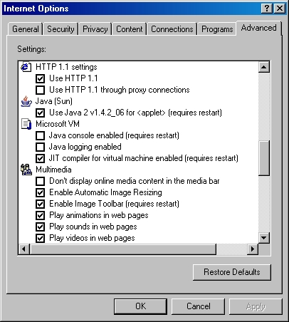 Internet Explorer beállítások Tools/Internet Options Advanced Java SUN