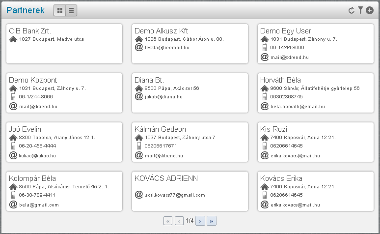 20. ábra: A partnertörzs a főmenüböl érhető el. A partner listát névjegykártya, vagy lista nézetben tekintheti meg. Az alapbeállítás a névjegykártya nézet.