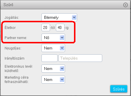 24. ábra: Szürő feltételek beállítása a partnerszűrőben.