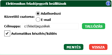 Oldal: 22 / 60 25. E-mail küldés beállítása 5.5 Elektronikus feladójegyzék küldés beállítása Adja meg az elektronikus feladójegyzék alapértelmezett közvetítő csatornáját.