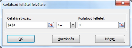 Ezután a Hozzáadás gombbal a korlátozó feltételeket állítjuk be. 210. ábra A megjelenő panelen jelöljük ki az első korlátozó feltételt tartalmazó cellát: A5.