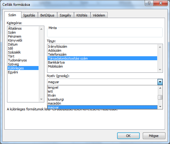 38. ábra Lehetőségünk van egyéni számformátum készítésére is. Ehhez az egyéni kategóriát kell kiválasztanunk. Egy egyéni számformátum legfeljebb négy szakaszból állhat.