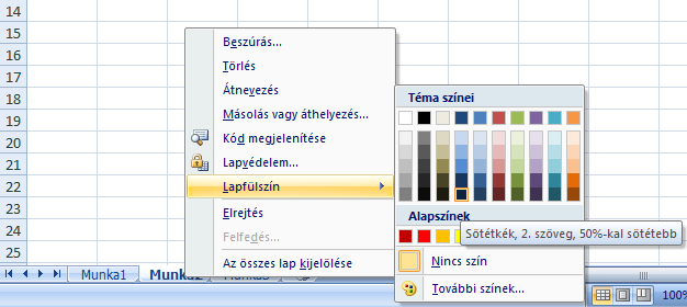 választva a munkalapok fülét különböző színekkel lássuk el. Új munkalap beszúrását vagy a helyi menü Beszúrás elemére kattintva vagy a munkalapok után lévő fülre kattintva tehetjük meg. 58. ábra 2.