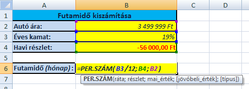 Becslésnél a várható kamatláb egy becsült értékét adhatjuk meg. Alapértelmezett érték a 10 %. A ráta értékét az Excel közelítési eljárással határozza meg. =RÁTA(B3*12;B4;B2;;1;15%)*12 105.